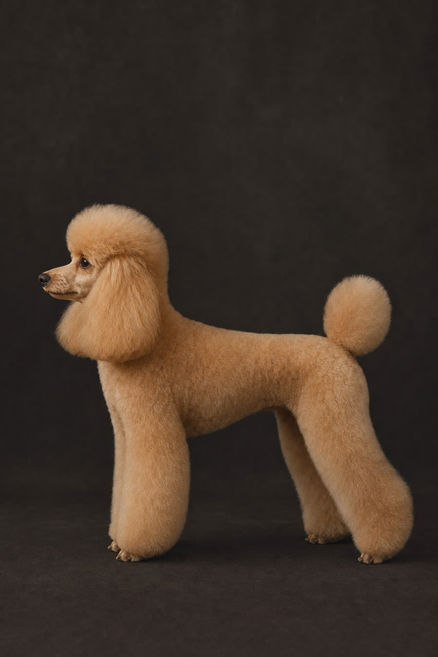 An apricot toy poodle in a precise hand-scissored show finish