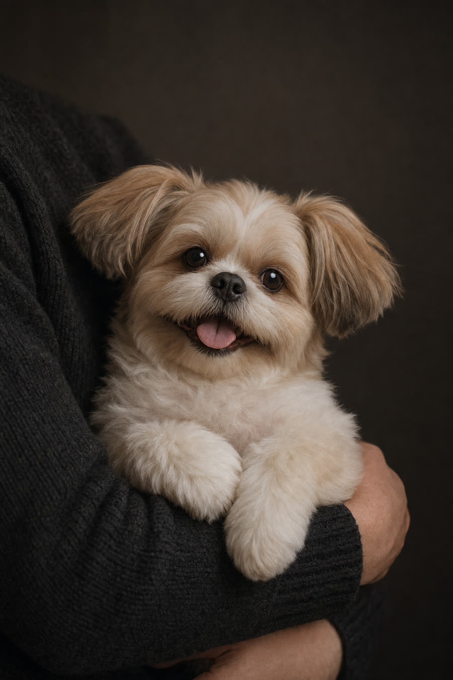 A gold-and-white shih tzu held happily in its owner's arms