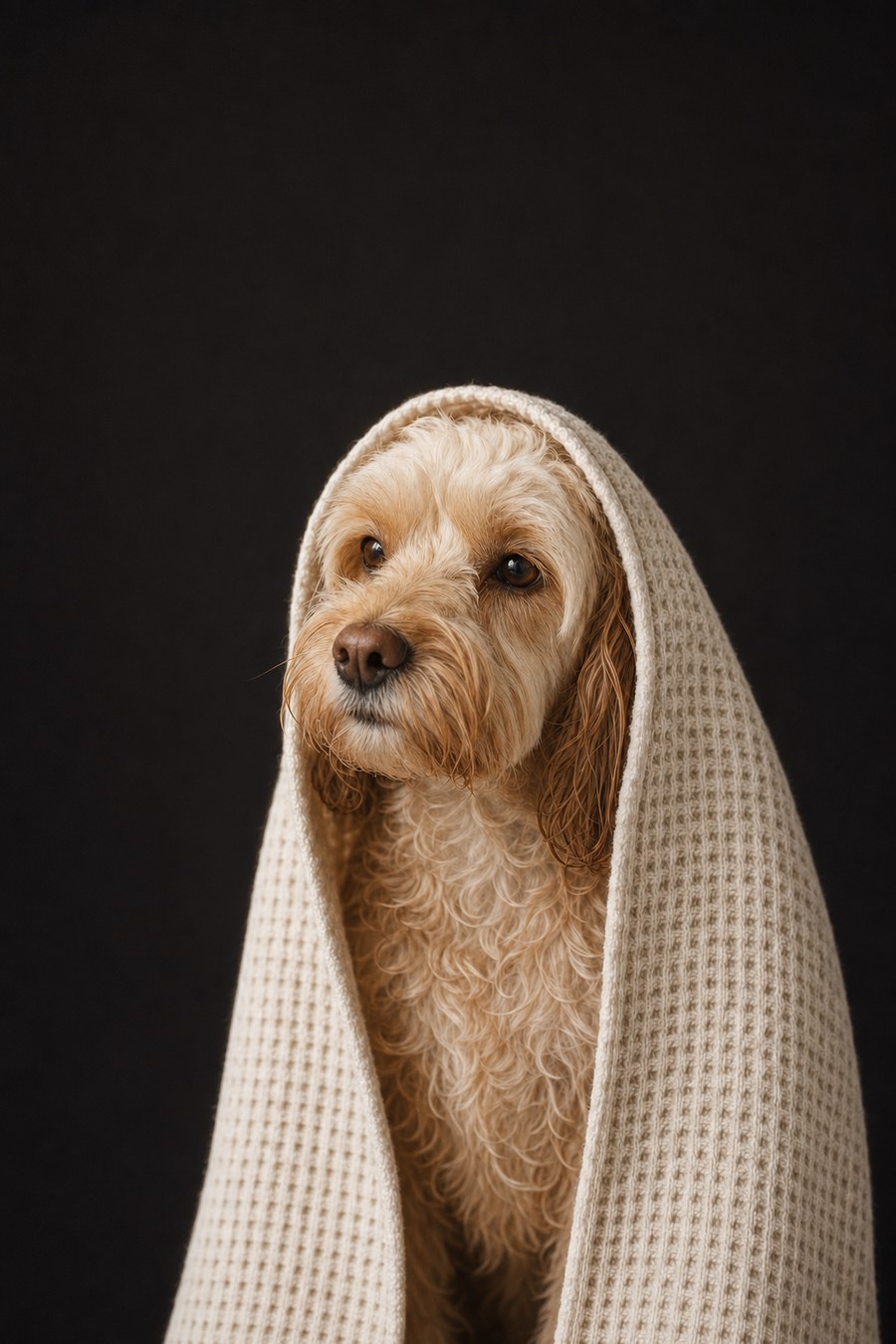 A cavoodle wrapped in a soft cream towel after its bath