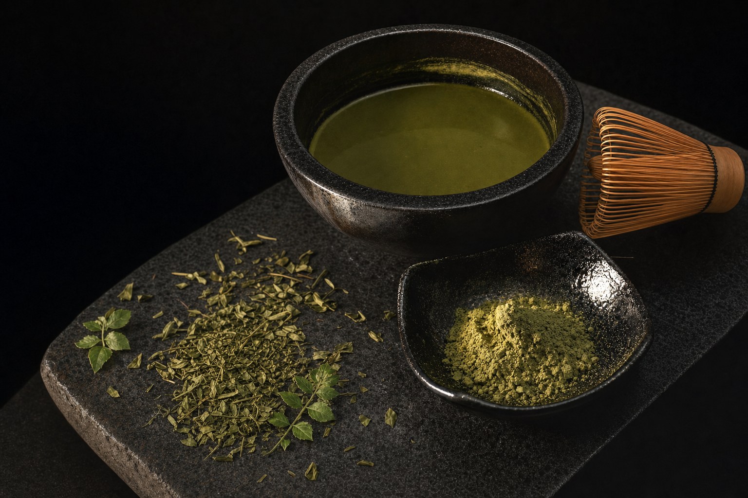 Dried Ayurvedic herbs, milled green powder in a stone dish, and the mixed herbal paste in a bowl with a bamboo whisk