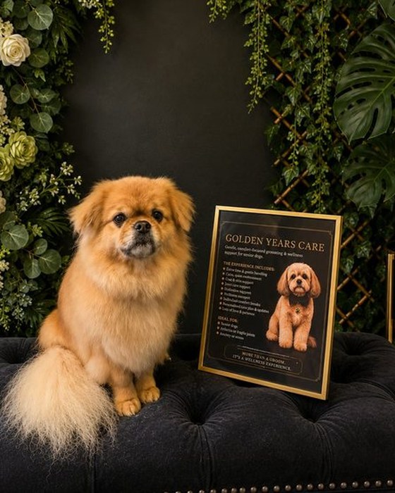 A senior dog beside the K9Stylez Golden Years Care card